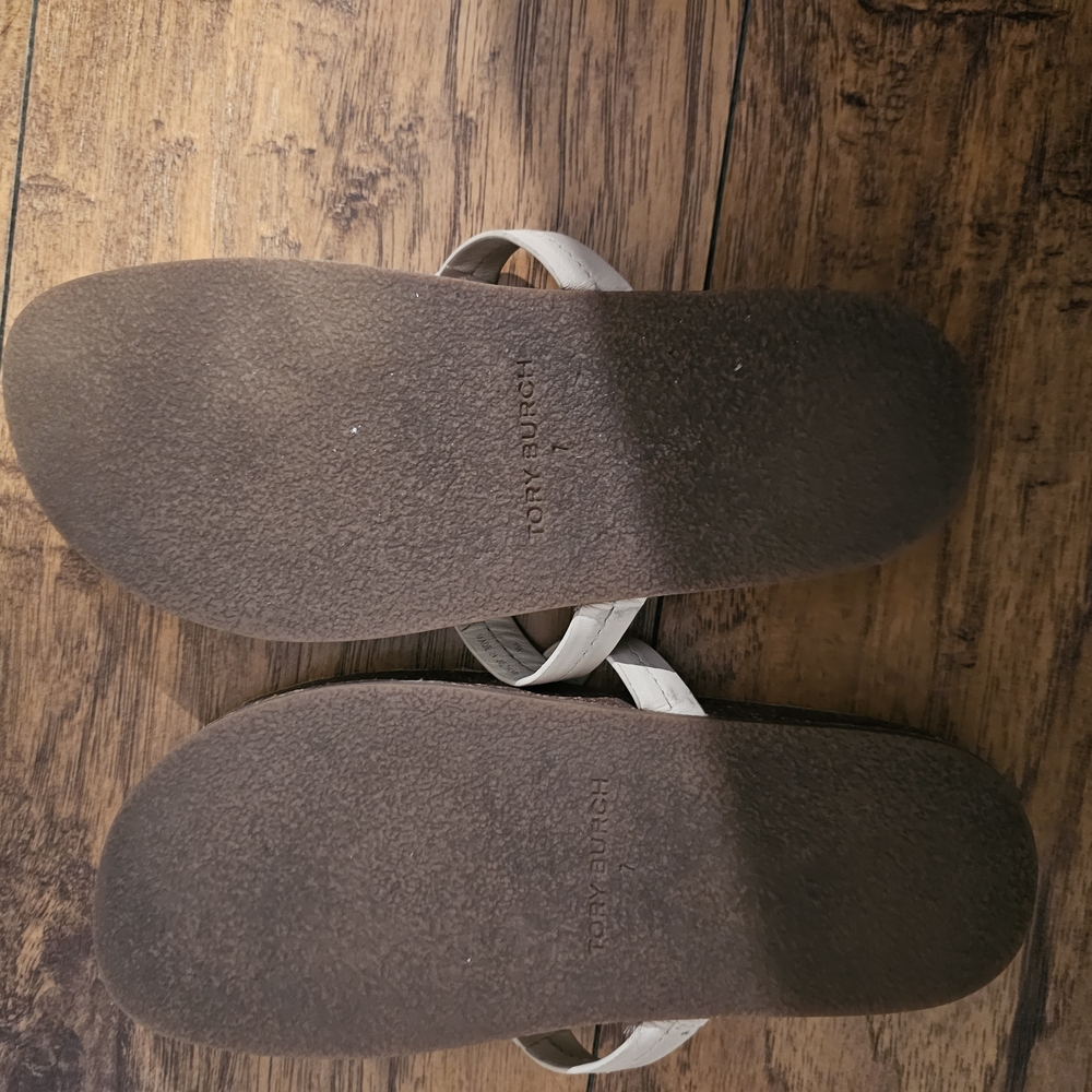 Tory Burch White and Brown Sandals with Smooth Soles